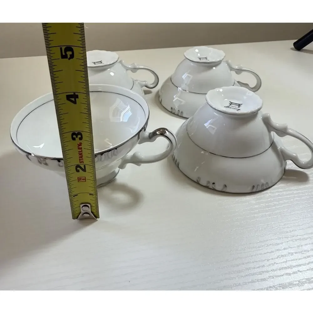 Barony collection by Fine China of Japan Tea Cups White Silver Rim Gray 3.5
